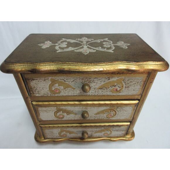 Vintage Florentine Gold Giltwood Jewelry Box 3 Drawer Music Box Made in Japan - Picture 2 of 9
